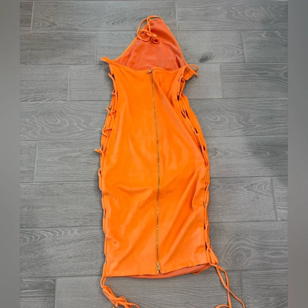 HOUSE OF CB Zabana Neon Orange Sexy Cut Out Lace Up Suedette Dress Large GUC